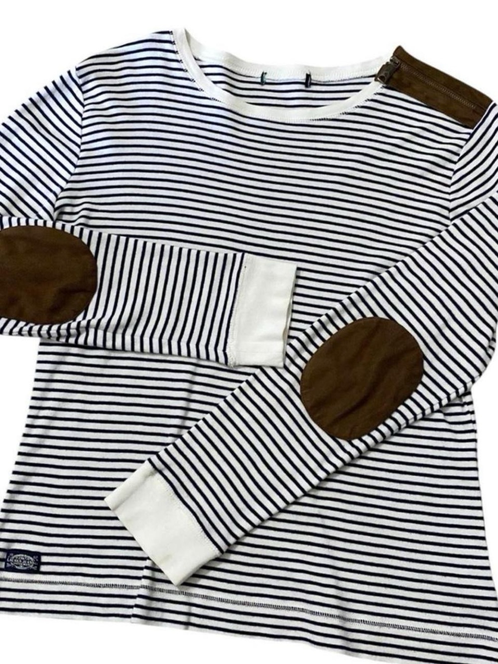 Lauren Ralph Lauren Striped Elbow Patch Top L Equestrian Preppy Old Money - Picture 9 of 9